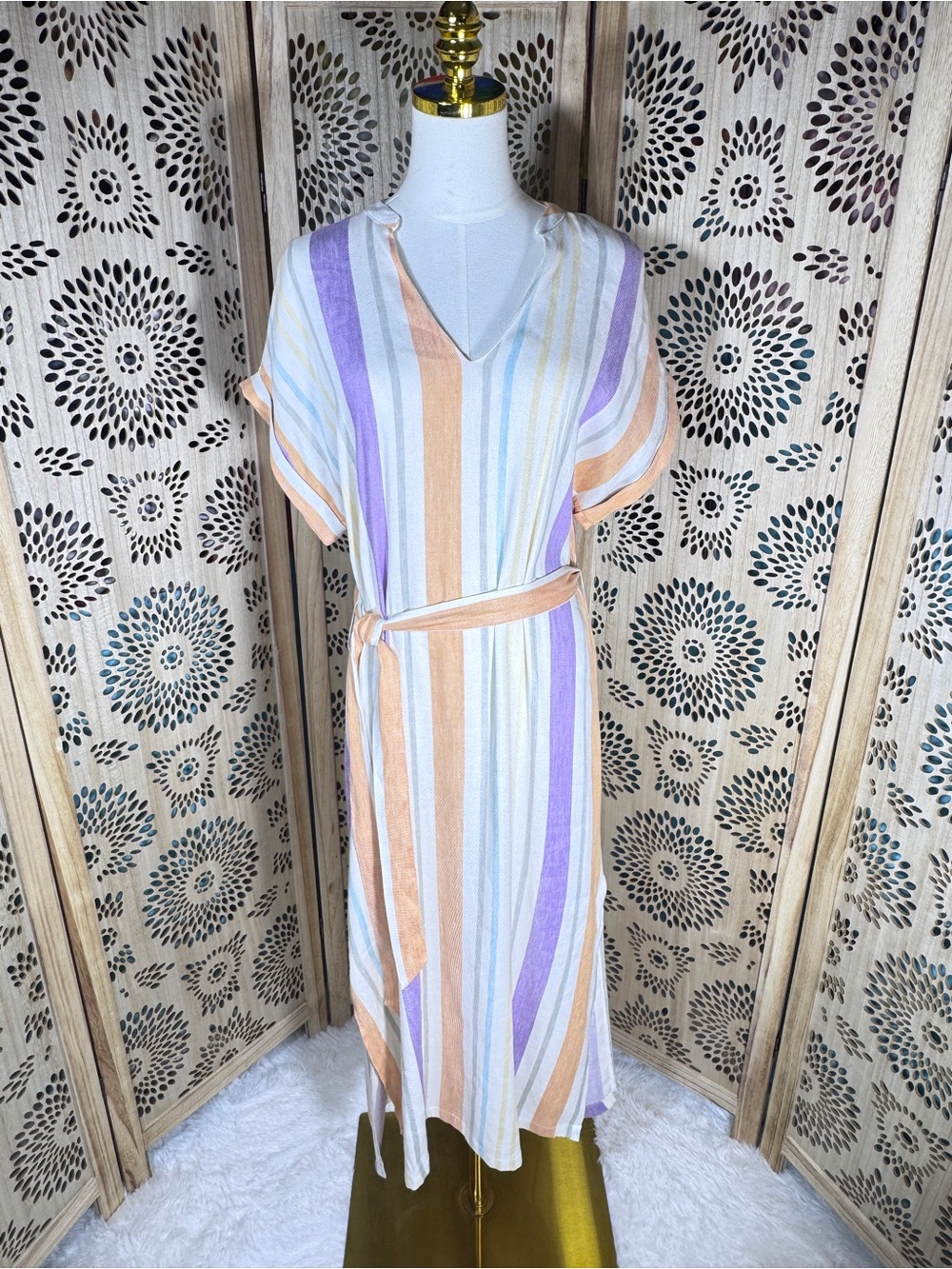TART Cassia NWT Linen Blend Pastel Stripe Belted Maxi Dress Size S-L